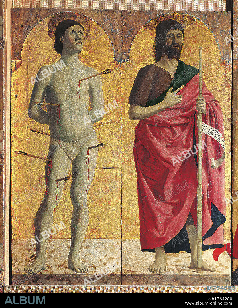 Polyptych of the Misericordia (or Virginn of the Mercy), by Pietro di Benedetto dei Franceschi known as Piero della Francesca, 1454 about, 15th Century, tempera and oil on canvas, cm 273 x 323. Italy, Tuscany, Arezzo, Borgo Sansepolcro, Municipal Picture Gallery. Detail. Side compartments with St Sebastian and St John the Baptist, 108x 45 cm each.