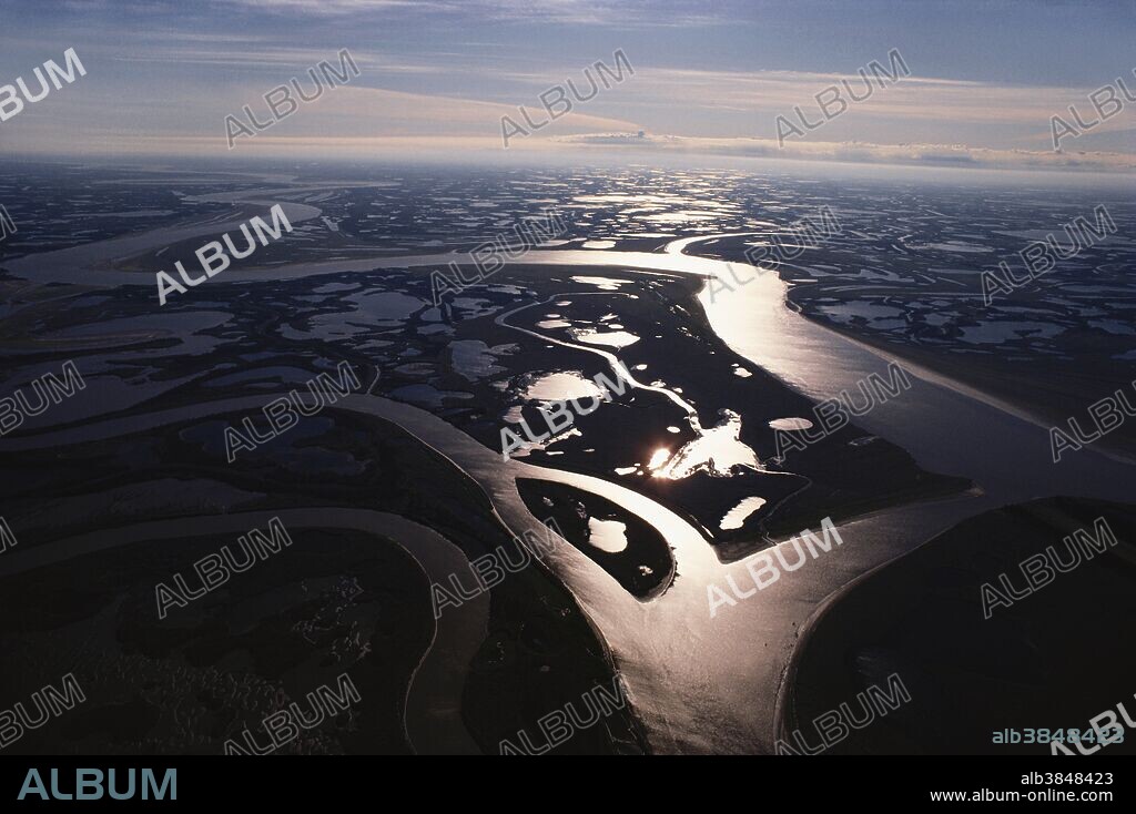 Aerial of the Mackenzie River Delta in the Northwest Territories, Canada, near Inuvik.