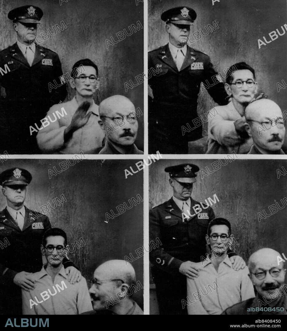 He Who Get's Slapped -- Shumei Okawa (denter, top) reaches out to slap poker-faced Hideki Tojo's bald head during the May 3 session of the Japanese war crimes trial in Tokyo. Tojo smiles (bottom left) as he turns to look at the co-defendant who slapped him and then turns back to the court proceedings. May 13, 1946. (Photo by Associated Press Photo).