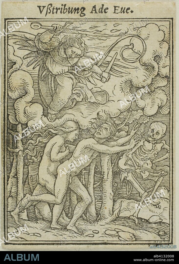 HANS LE JEUNE HOLBEIN. Adam and Eve Driven out of Paradise. Hans Holbein, the younger; German, 1497-1543. Date: 1517-1543. Dimensions: 66 x 49 mm. Woodcut on paper. Origin: Germany.
