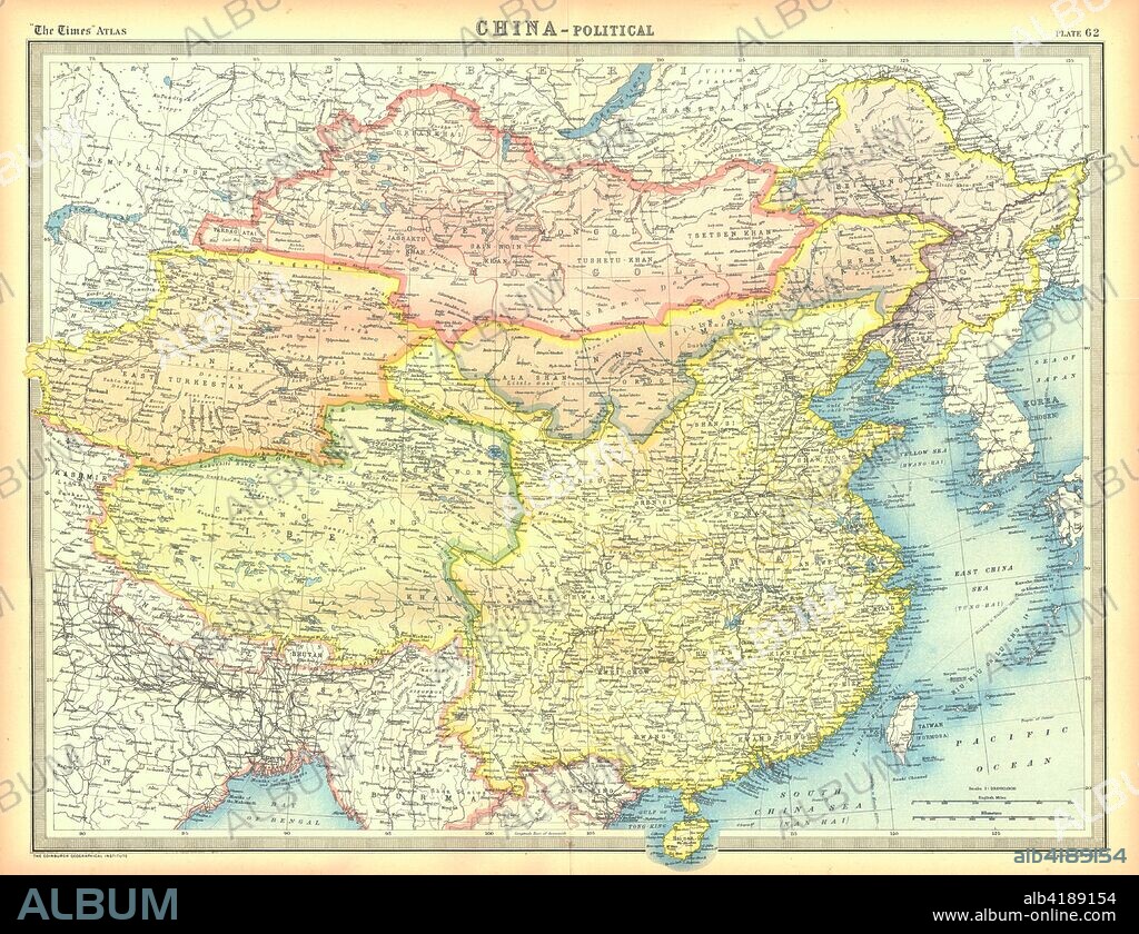 Political map of China. Map showing China, Mongolia, East Turkestan, Tibet and the Korean peninsula. Plate 62 from The Times Atlas.