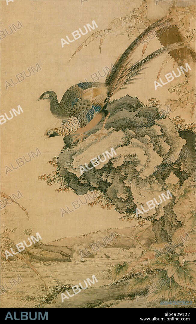 Two Pheasants on a Rock, China, Qing dynasty (16441911), Date 19th century, China, Silk and metallic thread tapestry (kesi) with ink and color, Overall: 38 1/2 x 24 1/2 in. (97.8 x 62.2 cm), Textiles-Tapestries.