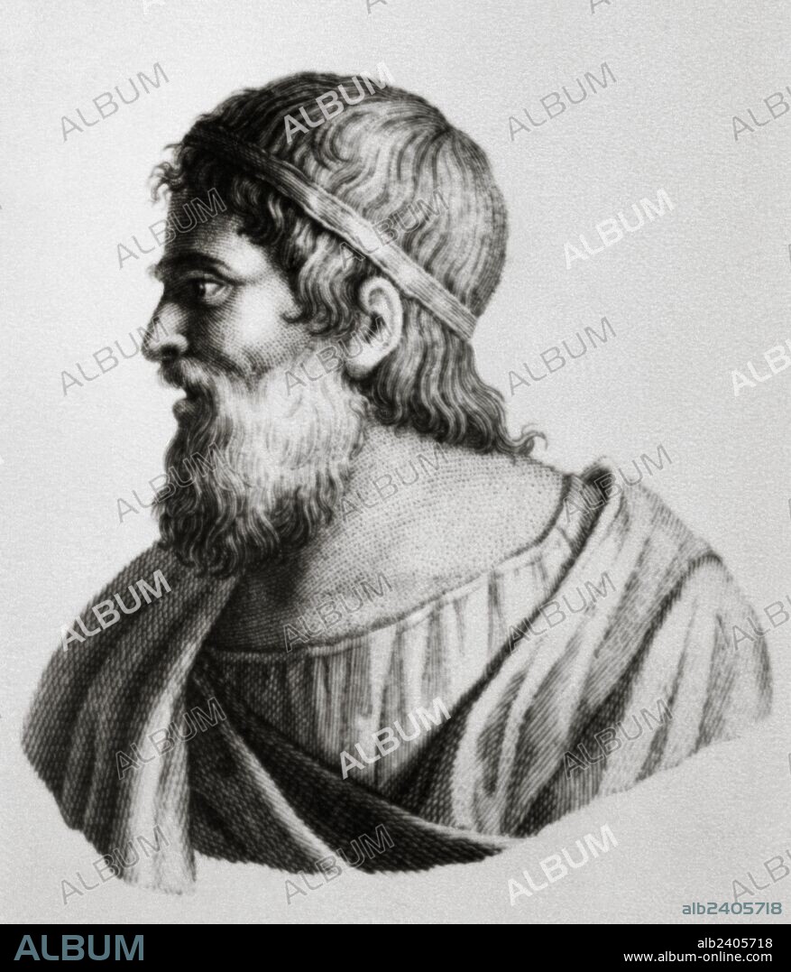 ARQUIMEDES (Siracusa, -287-Siracusa, -212). Científico griego, siciliano. Hijo del astrónomo Fidias y pariente y amigo de Hierón II y de Gelón II. De entre sus estudios formuló una serie de proposiciones relativas a la inmersión de sólidos en fluídos ("Principio de Arquímedes"). Grabado.