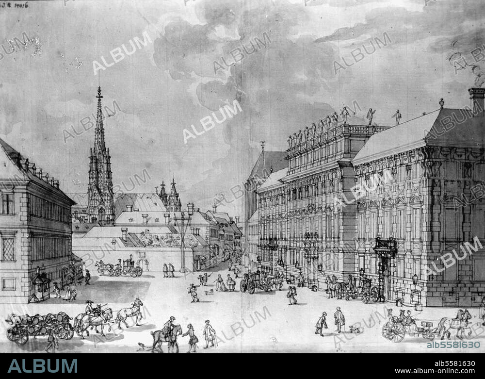 ANONYMOUS. Vienna, Palais Lobkowitz. (1685-87 built by Pietro Tencala; attica built 1710 by Johann Bernhard Fischer von Erlach). View of the Lobkowitz Square with Palais; Stephansdom in the background. Drawing, c. 1760. Vienna, Städt. Sammlungen.