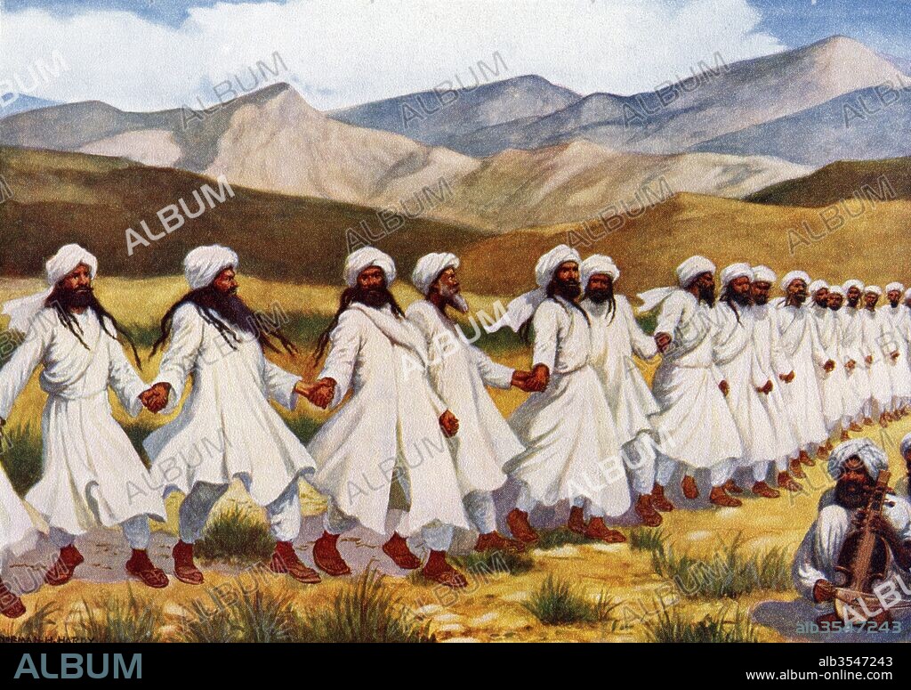 The national dance of the Baloch or Baluch people, Balochistan or Baluchistan, Iran. Thirty or more men join hands, form a circle and move slowly towards each other in undulating lines, retreating to re-form the circle without ever unclasping hands. The dance becomes more frenzied as it continues with some dancers dropping out due to exhaustion whilst others take their places. From Customs of The World, published circa 1913.