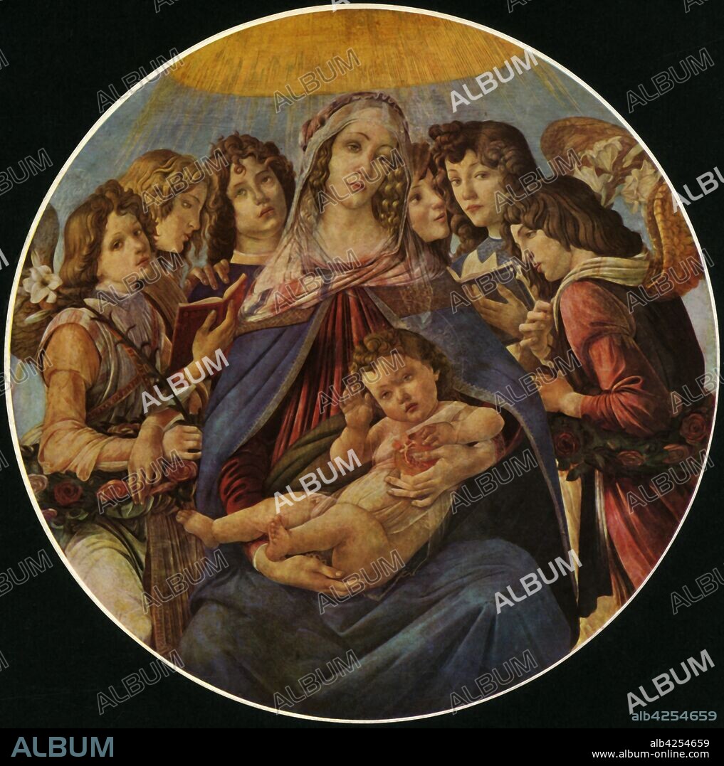 'Madonna of the Pomegranate', c1487, (1937). The Virgin Mary with the infant Christ who holds a pomegranate. Painting in the Uffizi Gallery, Florence. From "Sandro Botticelli" by Lionello Venturi. [George Allen & Unwin Ltd, London, 1937].