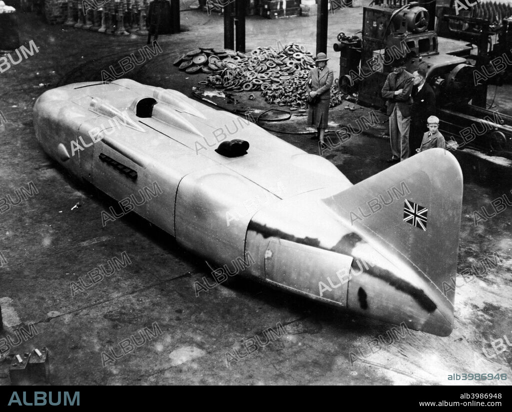 Captain George Eyston's 'Thunderbolt' car, 1937. Eyston set three Land Speed Records in this car at Bonneville Salt Flats, Utah, USA, the fastest being 357.49 mph on 16th September, 1938.The record changed hands several times between Eyston and fellow Briton John Cobb in the late 1930s.