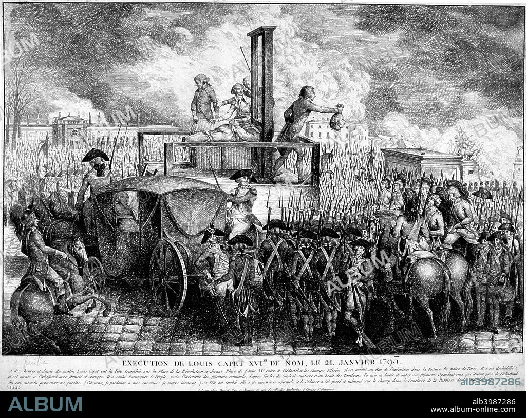 Execution of Louis XVI, 1793. The head of Louis XVI (1754-93), King of France from 1774, being shown to the crowd after his execution by guillotine in the Place de la Revolution, formerly Garden of the Tuileries,  Paris, 21 January 1793.  On the far side of scaffold a wicker basket stands ready to receive the King's body.