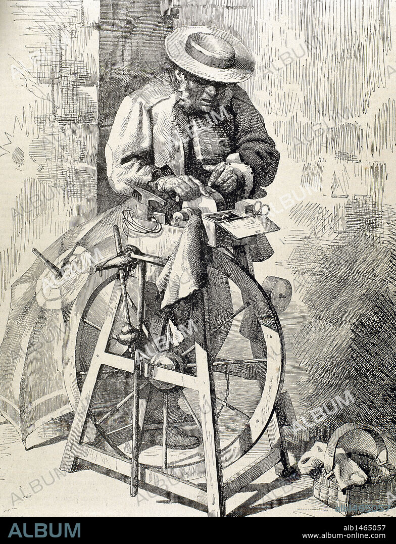 AFILADOR CALLEJERO en un pueblo de Galicia (1879). Grabado sobre un dibujo al natural de D. F. Guisasola realizado por E. Alba.