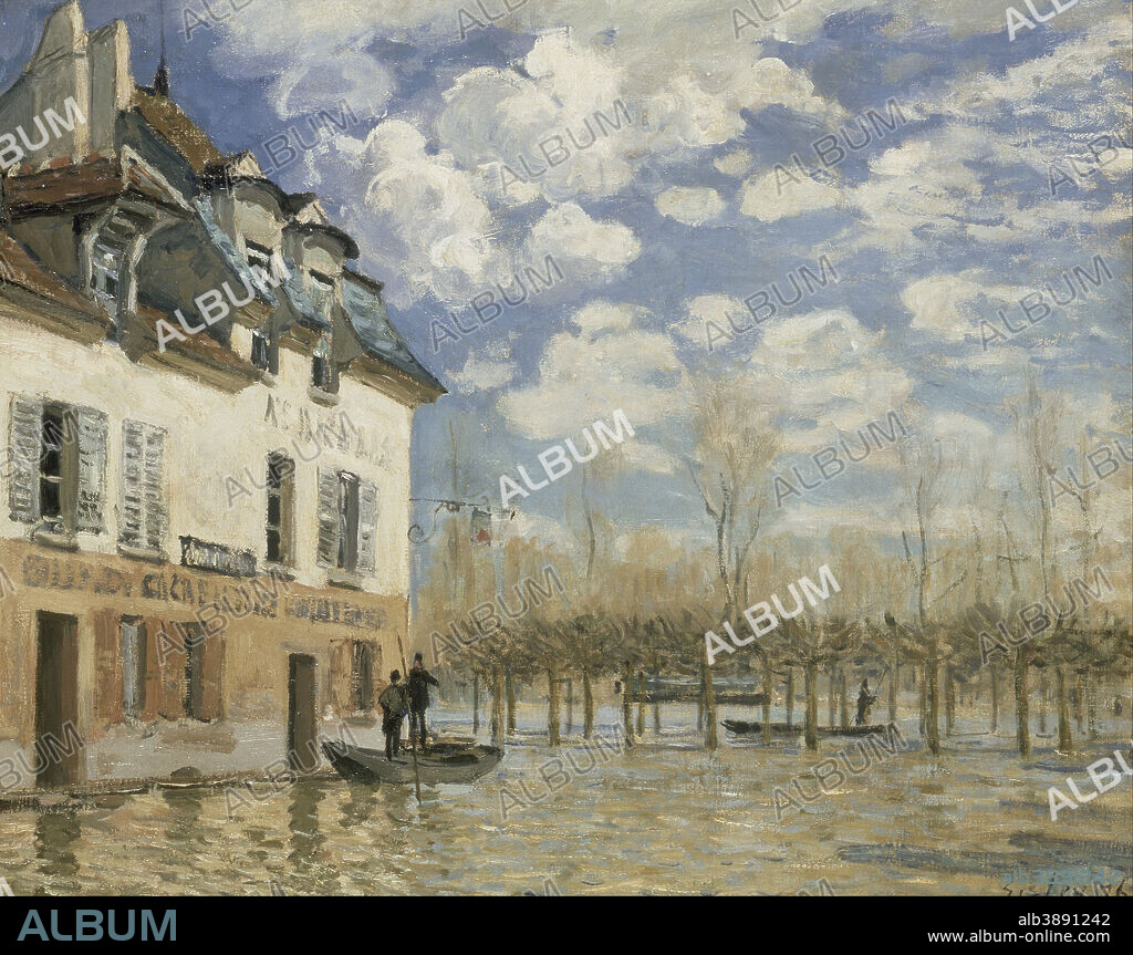 ALFRED SISLEY. La barque pendant l'inondation, Port-Marly Boat in the Flood at Port Marly. Date/Period: 1876. Painting. Oil on canvas. Height: 610 mm (24.01 in); Width: 500 mm (19.68 in).