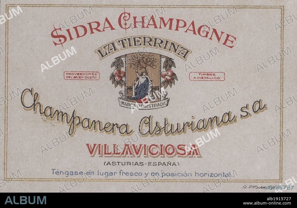 Publicidad. Etiqueta de Sidra-Champagne La Tierrina, de Champanera Asturiana, de Villaviciosa. Años 1930.