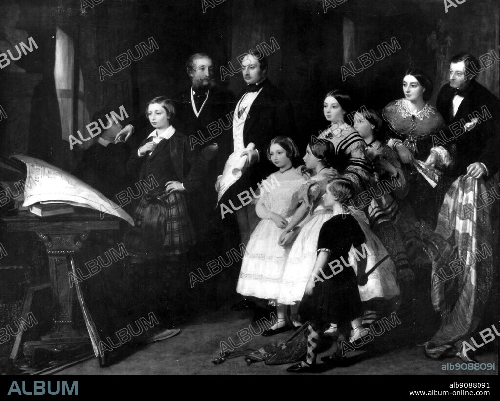 The 7th Earl of Cardigan relating the story of the Charge of Balaclava to the Prince Consort and the Royal Children 1854 by James Sant. Left to Right, Prince Alfred, Prince of Wales, James Thomas, Princess Helena of Schleswig Holstein, Princess Louise Duchess of Argyll, Prince Arthur Duke of Connaught (front) Princess Royal Empress of Germany, Princess Alice of Hesse, Duchess of Wellington, Lord Rivers.