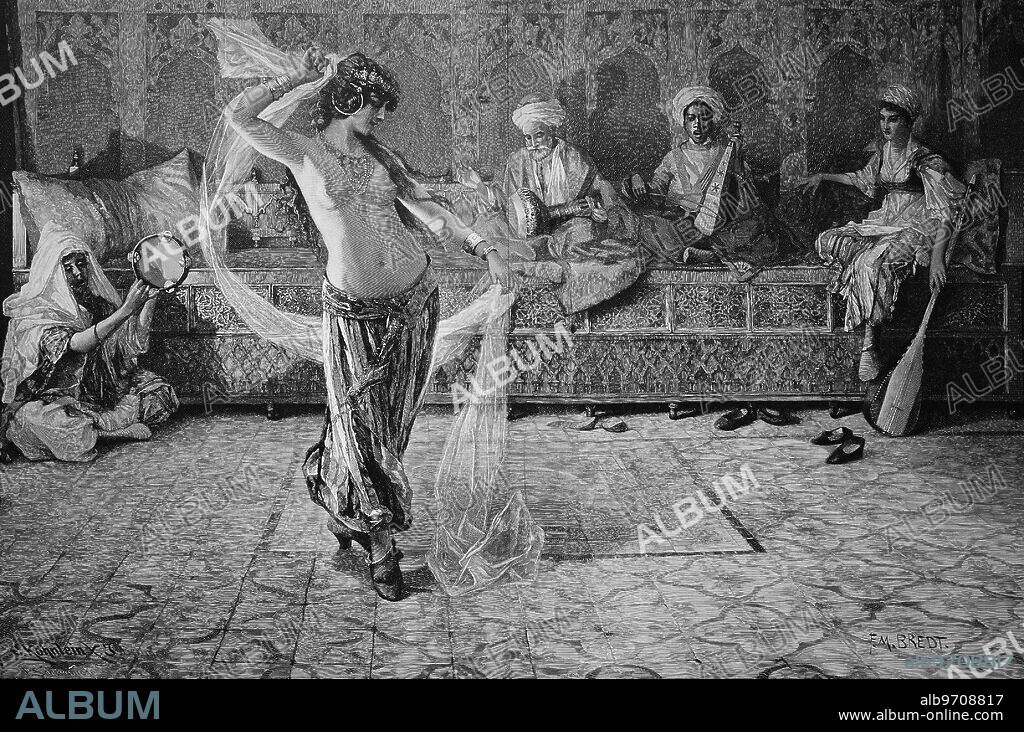 Arab veil dance in the harem, historic illustration, woodcut.