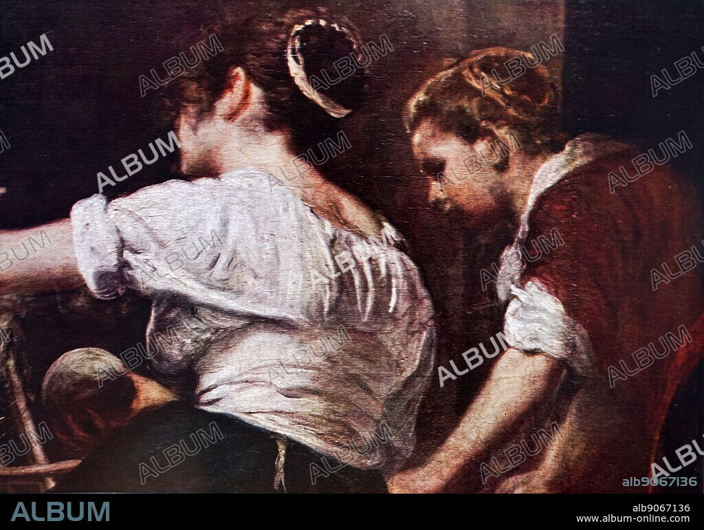 Painting titled 'Las Hilanderas (The Fable of Arachne)' by Diego Velázquez (1599-1660) a Spanish painter. Dated 17th Century.