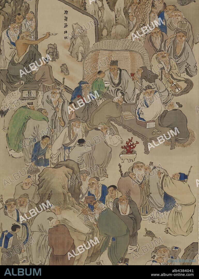 100 Old Men, Yosa Buson (Japanese, 1716-1783), Edo, 1783, ink and color on silk, 78 x 24-1/2 in. (overall) 48-1/4 x 17 in. (image), Signed: Shain Square intaglio seal beneath signature: [Sha Choko in] Square intaglio seal beneath above seal: [Shunsei], Asian Art.