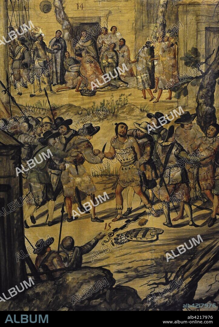 Bautizo de cinco indígenas por el fraile Bartolomé de Olmedo (escena superior). Castigo que reciben los indios espías de Xicoténcatl: les cortan las manos (escena inferior). Detalle de la tabla 7 de la serie de 24 cuadros sobre la conquista de México realizada para Carlos II. Juan y Miguel González (activos en la segunda mitad del siglo XVII). Virreinato de la Nueva España. México, 1698. Técnica: Enconchado, óleo. Soporte: Lienzo sobre tabla. Museo de América. Madrid. España.