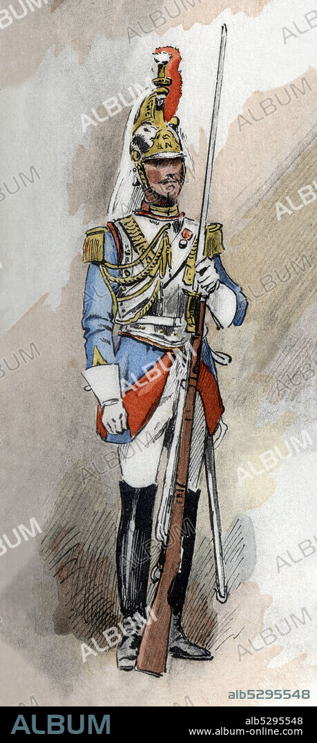 MAURICE TOUSSAINT. Francia. Uniformes de regimiento franceses. Soldado de los Cien guardias en 1854. Grabado de 1945.