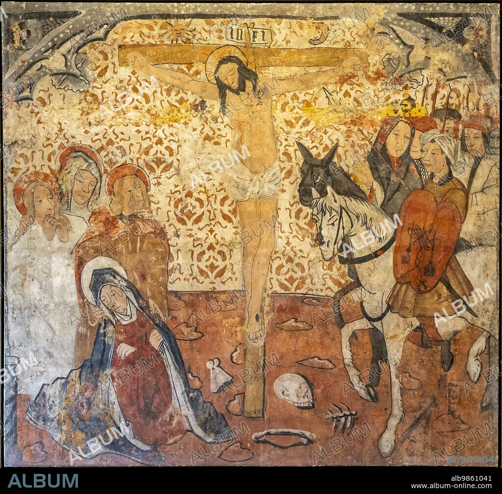 Calvary, Gothic mural painting, 15th century, second master of Gallipienzo, from the apse of the Gallipienzo church, Museum of Navarra, Pamplona, Navarra,Spain.