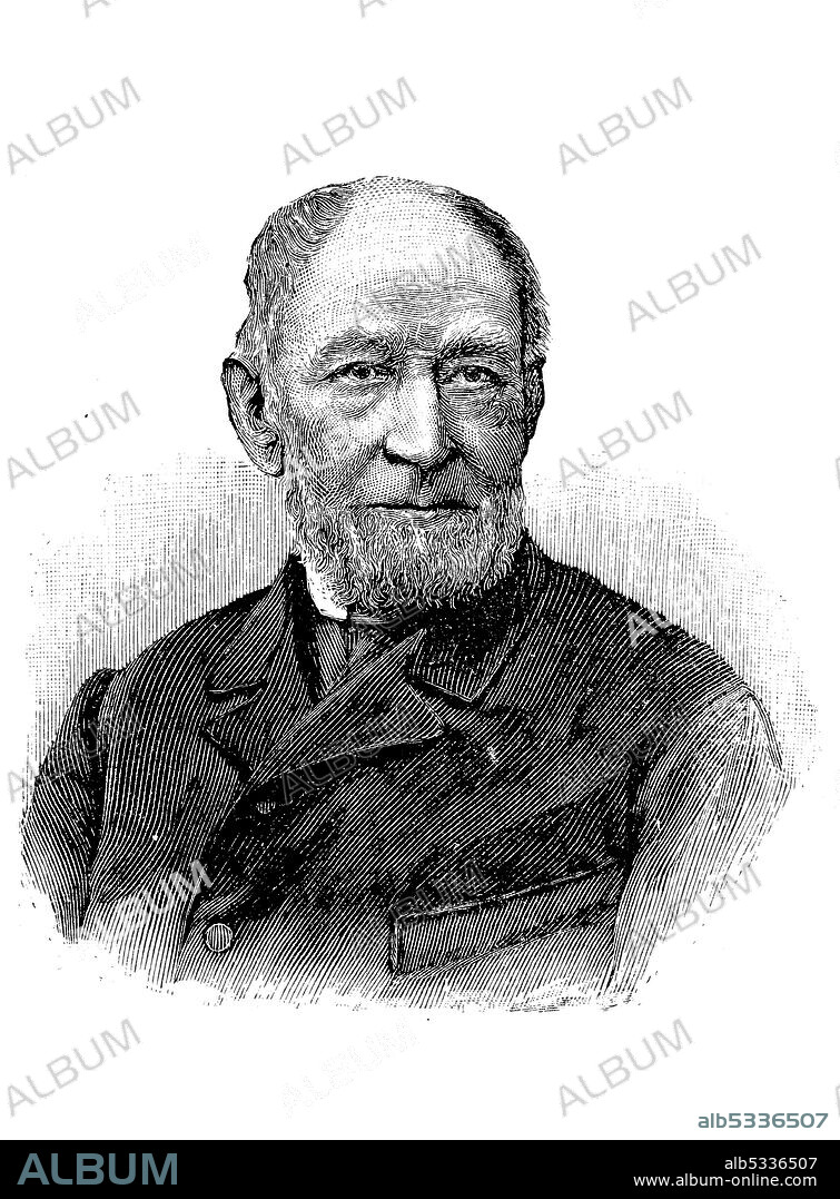 Friedrich Gottlob Keller, June 27, 1816 - September 8, 1895, a German machinist and inventor, who invented the wood pulp process for use in papermaking  /  Friedrich Gottlob Keller, 27. Juni 1816 - 8. September 1895, ein deutscher Erfinder. Er entwickelte im 19. Jahrhundert das noch heute übliche Verfahren zur Papierherstellung mittels Holzschliff, Historisch, historical, digital improved reproduction of an original from the 19th century / digitale Reproduktion einer Originalvorlage aus dem 19. Jahrhundert,.