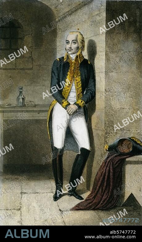 Malet, Claude François de; général français (conspira contre Napoléon en 1808 et 1812); Dôle (Franche-Comté) 28. 6.1754 - (exécuté à) Paris 29.10.1812. "MALET". Gravure sur cuivre, coloriée, de Gervais d'ap. Alexandere Lacauchie (connu de 1833 à 1846). Paris, coll. particulière.