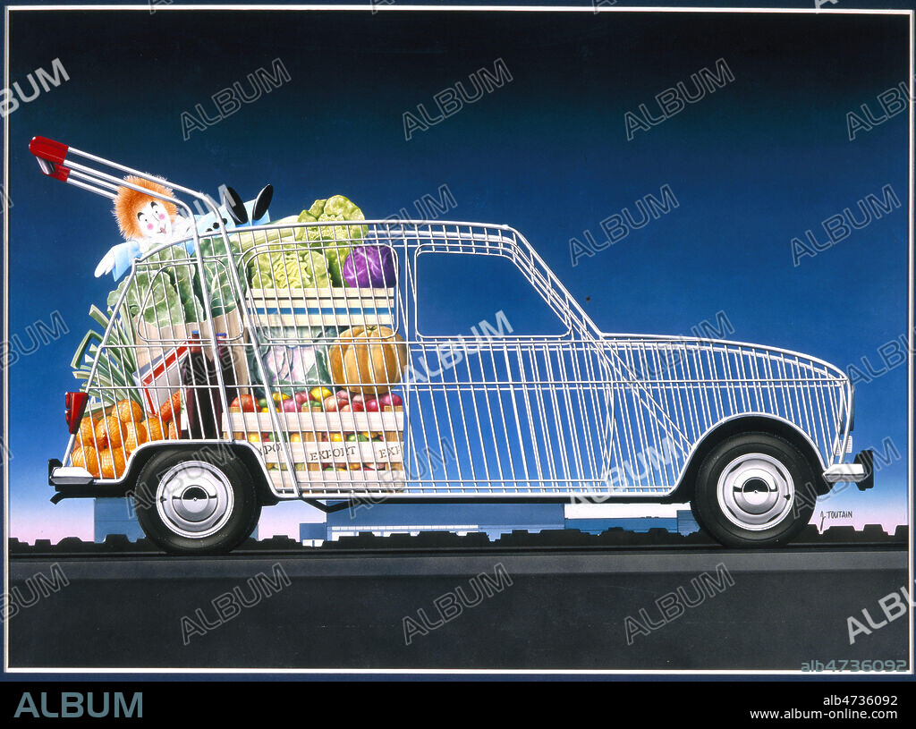 JEAN-LOUIS TOUTAIN. La R4, sortie par la firme RENAULT en 1961, illustration de Jean Louis TOUTAIN (ADAGP) dans les annees 80. Consommation, caddie, supermarche. Credit: Coll. Kharbine Tapabor.