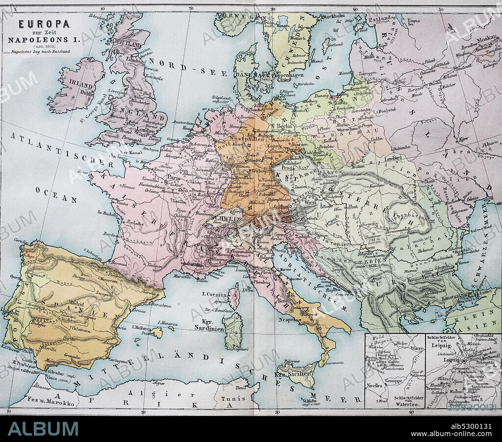 Historical map of Europe from the time of Napoleon I.  /  Historische Landkarte von Europa zur Zeit von Napoleon I..