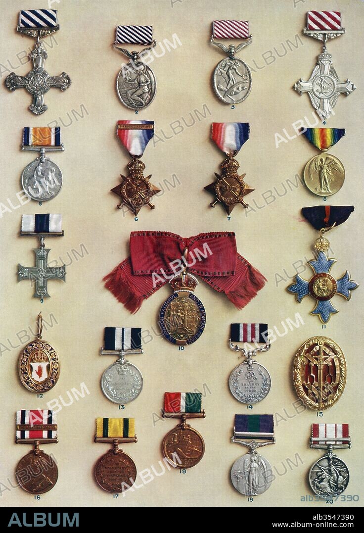 Oders, medals and badges created by King George V. 1. Distinguished Flying Cross 2. Distinguished Flying Medal 3. Air Force Medal 4. Air Force Cross 5. British War Medal 6. 1914 Star 7. 1915 Star 8. Victory Medal 9. Military Cross 10. Companion of Honour 11. Badge, Order of the British Empire 12. Baronet's Badge 13. Distinguished Service Medal 14. Military Medal 15. Knight Bachelor's Badge 16. Special Constabulary Medal 17. Territorial War Medal 18. Mercantile Marine Medal 19. New General Service Medal 20. Naval General Service Medal. From The Illustrated London News, Silver Jubilee Record Number, 1910 - 1935.