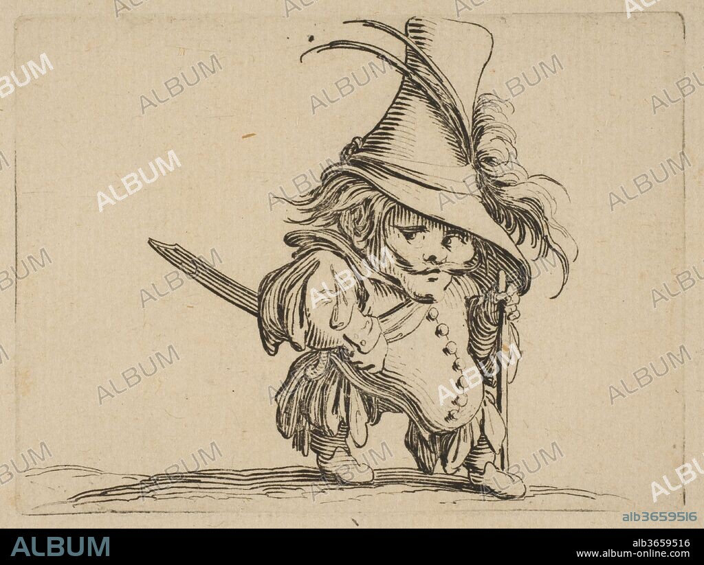 L'Homme au Ventre Tombant et au Chapeau Très Élevé (The Man with a Drooping Belly and a Very Tall Hat),  from Varie Figure Gobbi, suite appelée aussi Les Bossus, Les Pygmées, Les Nains Grotesques (Various Hunchbacked Figures, The Hunchbacks, The Pygmes, The Grotesque Dwarfs). Artist: Jacques Callot (French, Nancy 1592-1635 Nancy). Dimensions: Sheet: 7 5/16 x 10 5/16 in. (18.5 x 26.2 cm)
Plate: 2 1/2 x 3 3/8 in. (6.3 x 8.5 cm). Series/Portfolio: Les Gobbi, suite appelée aussi Les Bossus, Les Pygmées, Les Nains Grotesques. Date: 1616-22.