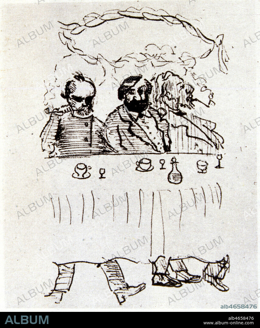 'Le diner des vilains bonshommes', le 30 septembre 1871 : reunion de poetes Parnassiens : VERLAINE (1844-1896), Leon VALADE (1841-1883), Albert MERAT (1840-1909). Dessin par Verlaine. Credit : Jean Vigne/KHARBINE-TAPABOR.