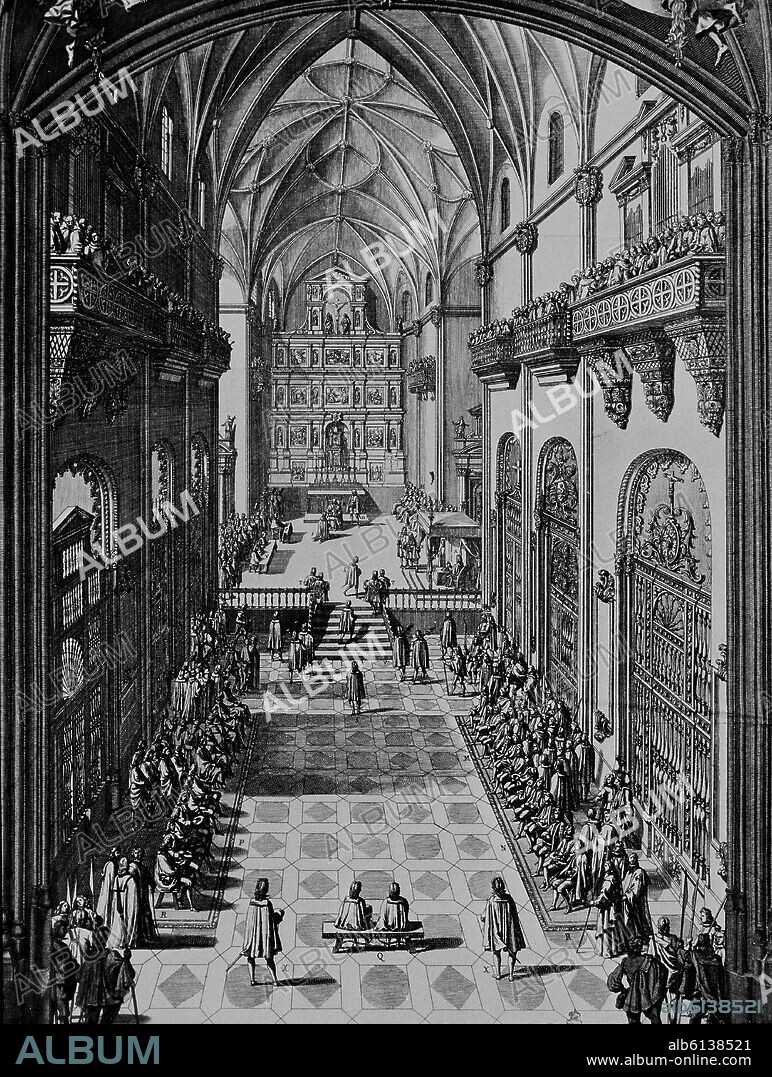 BERTERHAM JUAN BAUTISTA / PALOTA FELIPE. LAS CORTES DE CASTILLA JURAN A FELIPE V (1701) EN LA IGLESIA DE LOS JERONIMOS - GRABADO SIGLO XVIII.