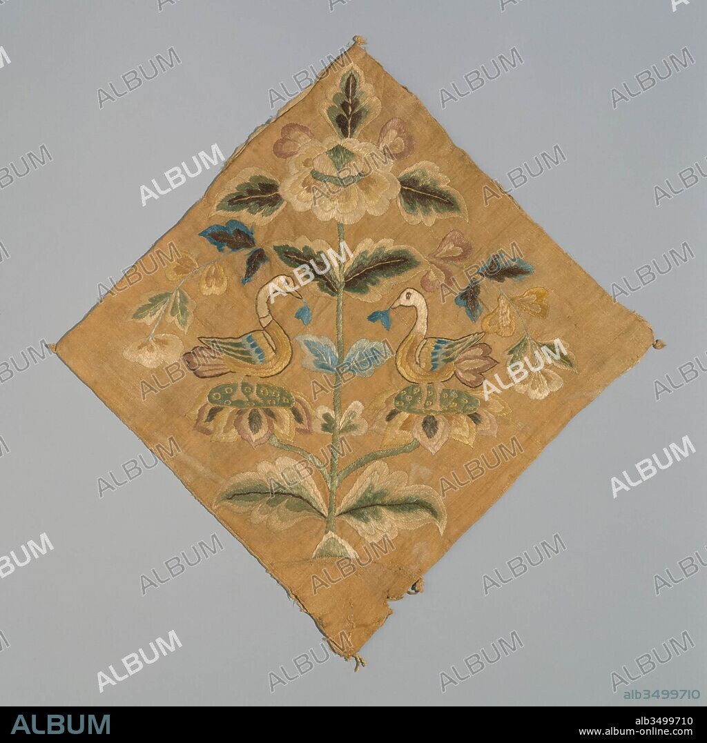 Textile with Confronted Birds, Tang dynasty (618–907), early 8th century, China, Silk embroidery on plain-weave silk, Overall: 12 1/4 x 12 1/8 in. (31.1 x 30.8 cm), Textiles-Embroidered, Although symmetry is a basic element of Chinese design, the motif of a pair of confronted animals or birds on either side of a plant was not known in China until the opening of the silk routes in the second century B.