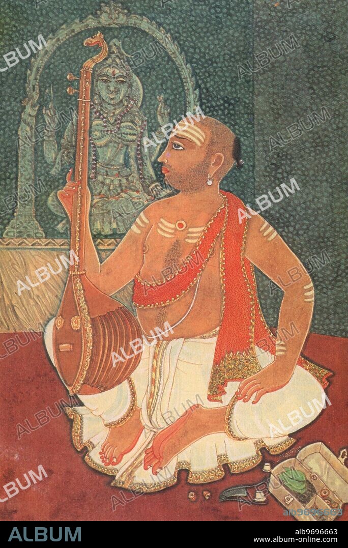 India: Instrument - tambura - music - Hindu belief - Hindu - Hinduism - art - Himalayan Academy art - musician - song - bhajan - devotee - worship - devotion - Artist S. Rajam - saivite - Shakti - bilva - temple - traditional - instrument - Devi - Goddess - Parvati - India - Indian art - Hindu art - religion - Hindu religion -.