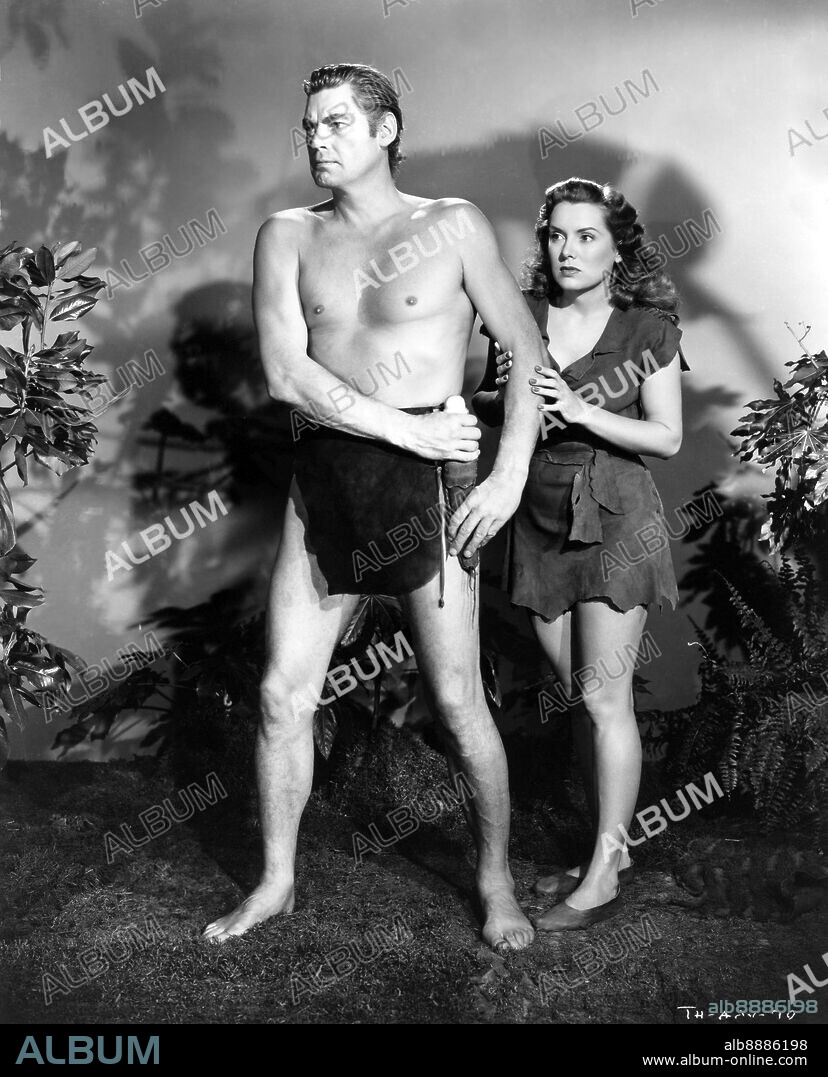 BRENDA JOYCE y JOHNNY WEISSMULLER en TARZAN Y LA CAZADORA, 1947 (TARZAN AND THE HUNTRESS), dirigida por KURT NEUMANN. Copyright RKO.