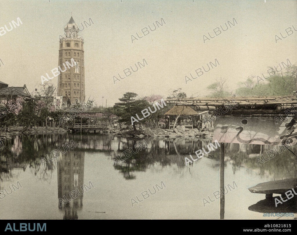 [ 1890s Japan - Ryounkaku Tower in Asakusa, Tokyo ] Ryounkaku () at Asakusa Park at Tokyo, Japans very first skyscraper, better known as Asakusa Junikai (, Asakusa Twelve Stories). Designed by Scottish engineer W. K. Burton, the tower was completed in 1890 (Meiji 23). It housed Japans first electric elevator. This image was published in 1895 (Meiji 28) by Kazumasa Ogawa in Scenes of the Eastern Capital of Japan. 19th century vintage collotype print.