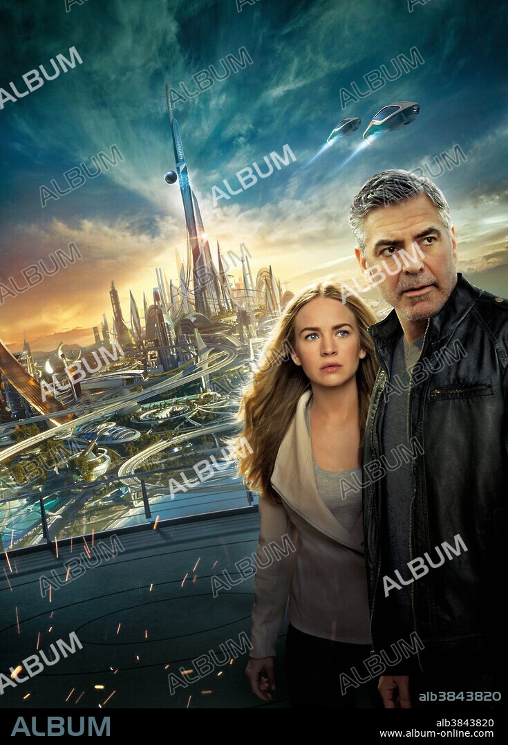 BRITT ROBERTSON and GEORGE CLOONEY in TOMORROWLAND, 2015, directed by BRAD BIRD. Copyright WALT DISNEY PICTURES.