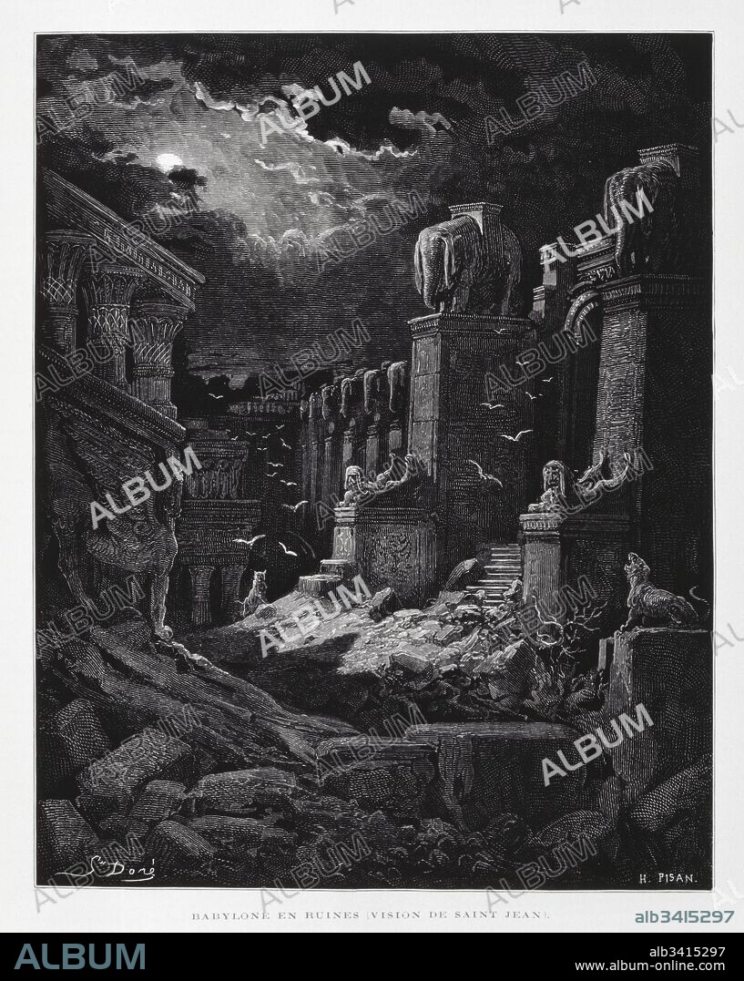 Babylon in Ruins (vision of John the Baptist), Illustration from the Dore Bible 1866. In 1866, the French artist and illustrator Gustave Doré (1832–1883), published a series of 241 wood engravings for a new deluxe edition of the 1843 French translation of the Vulgate Bible, popularly known as the Bible de Tours. This new edition was known as La Grande Bible de Tours and its illustrations were immensely successful..