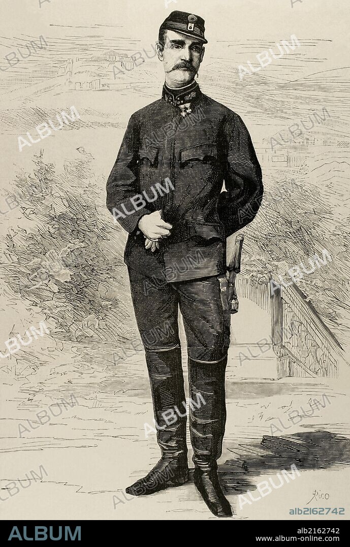 Jorge I (1845-1913). Rey de Grecia de 1863 a 1913. Aunque era príncipe de Dinamarca, con solo 17 años fue elegido Rey por la Asamblea Nacional de Grecia, que había depuesto al anterior monarca, Otón I. Grabado por Rico. "La Ilustración Española y Americana", año 1880.