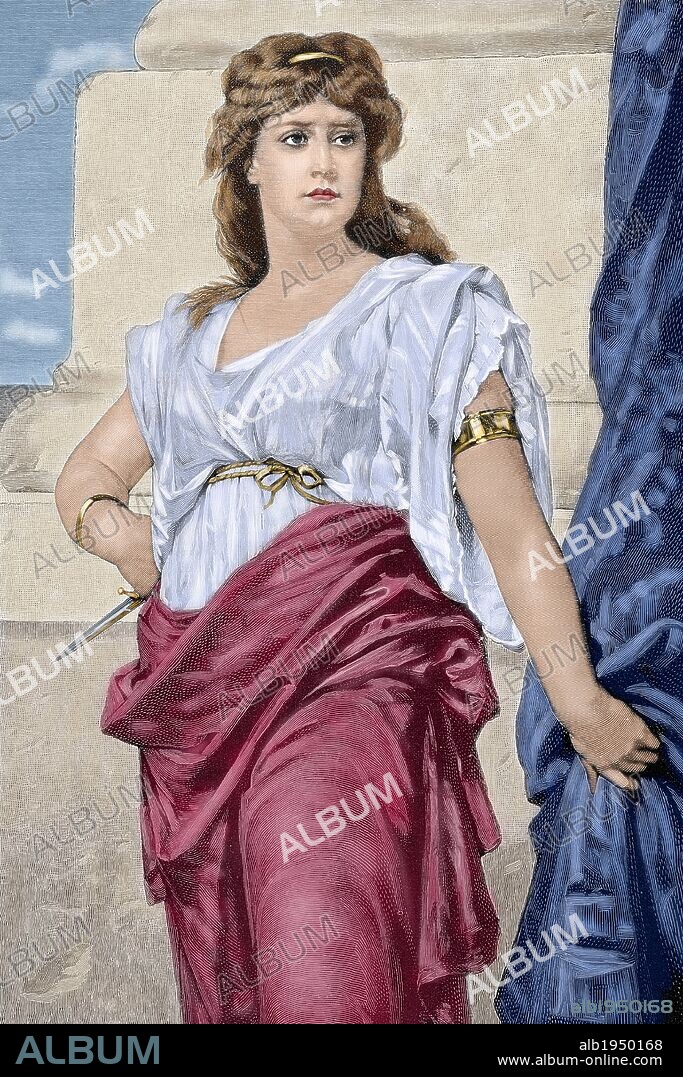 MEDEA. Personaje mitológico de la antigua Grecia, heroina en la Tragedia de Eurípides. Mujer de Jasón el Argonauta, le ayudó a apoderarse del vellocino de oro. Grabado coloreado de "La Ilustración Artística". Año 1884.