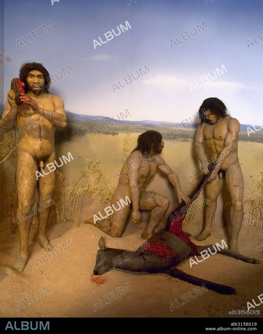 Human evolution. Homo Antecessor. Extinct human species. 1.200 to 800.000 years ago. Hunting scene.