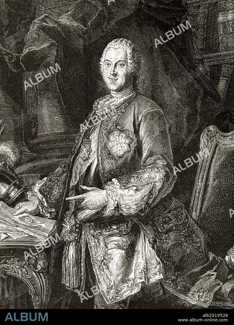 Heinrich, conde von Brühl (1700-1763). Estadista alemán de la corte de Sajonia y de la Commonwealth polaco-lituano. Favorito de Augusto III y persona ambiciosa, se enriquició a expensas del Tesoro de Sajonia y de Polonia. Grabado de "La Historia Universal, 1885".