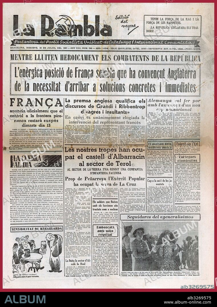 España. Guerra civil (1936-1939). Portada de la publicación La Rambla, órgano del Partit Socialista Unificat de Catalunya PSUC, editada en Barcelona, julio de 1937.