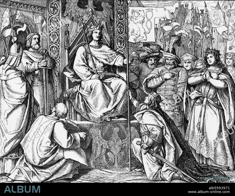 Heinrich VII. von Luxemburg, deutscher König und (1312/13) Kaiser, 1274-1313. - "Heinrich VII. belehnt seinen Sohn Johannes". (1310. Johann von Luxemburg, König von Böhmen, 1296-1346). Holzstich, um 1860, nach Zeichnung von Adolph Ehrhardt (1813-1899). 15 × 19,5 cm. Berlin, Sammlung Archiv für Kunst und Geschichte.