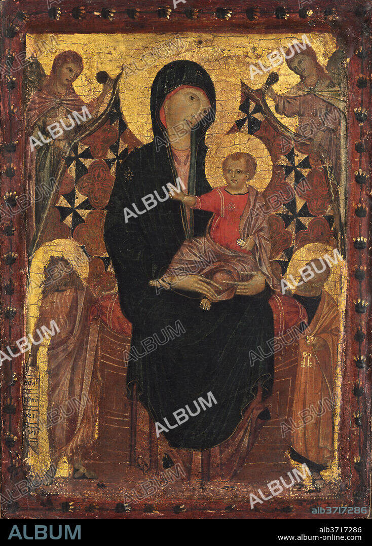 TUSCAN 13TH CENTURY. Madonna and Child with Saint John the Baptist, Saint Peter, and Two Angels. Dated: c. 1290. Dimensions: painted surface (original panel including painted frame): 34.3 × 24.7 cm (13 1/2 × 9 3/4 in.)  overall (including added wooden strips): 36 × 26 cm (14 3/16 × 10 1/4 in.). Medium: tempera on panel.