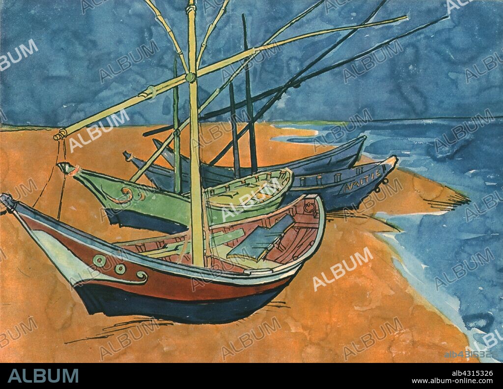 'Sailing Boats on the Beach at Les Saintes-Maries', June 1888, (1947). Painting, also known as 'Fishing Boats on the Beach at Saintes-Maries-de-la-Mer', in the State Hermitage Museum, St Petersburg, Russia. From "Vincent Van Gogh", by Ludwig Goldscheider and Wilhelm Uhde. [Phaidon Press Ltd, Oxford and London, 1947].