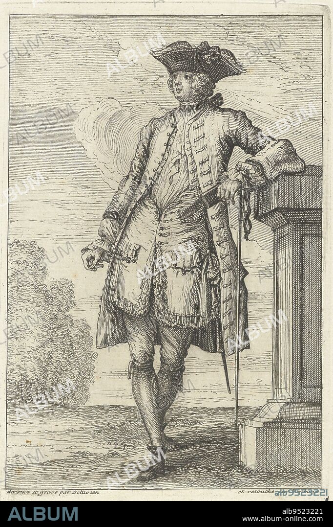 Nobleman dressed according to the noble fashion of 1725, standing on platform, leaning against a balustrade, slightly to the left. His open-hanging overcoat is longer than his waistcoat. Short stitch on his head., Fashion and Elegance: French Fashions of the 1720s Standing nobleman at balustrade French figures (series title) Figures Françoises (series title), print maker: François Octavien, (mentioned on object), François Octavien, (mentioned on object), print maker: Quiryn Fonbonne, (mentioned on object), Paris, 1725, paper, etching, engraving, h 157 mm × w 105 mm.