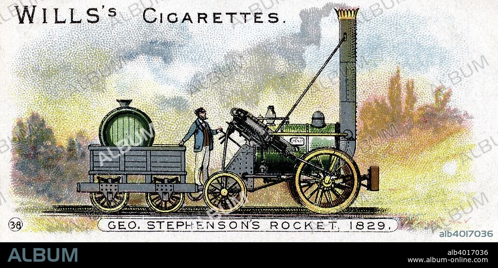 George Stephenson's locomotive 'Rocket', 1829 (1900). On 11 October 1829 'Rocket' won the Rainhill Trials, a competition held to determine the engine to be used on the Liverpool to Manchester Railway.