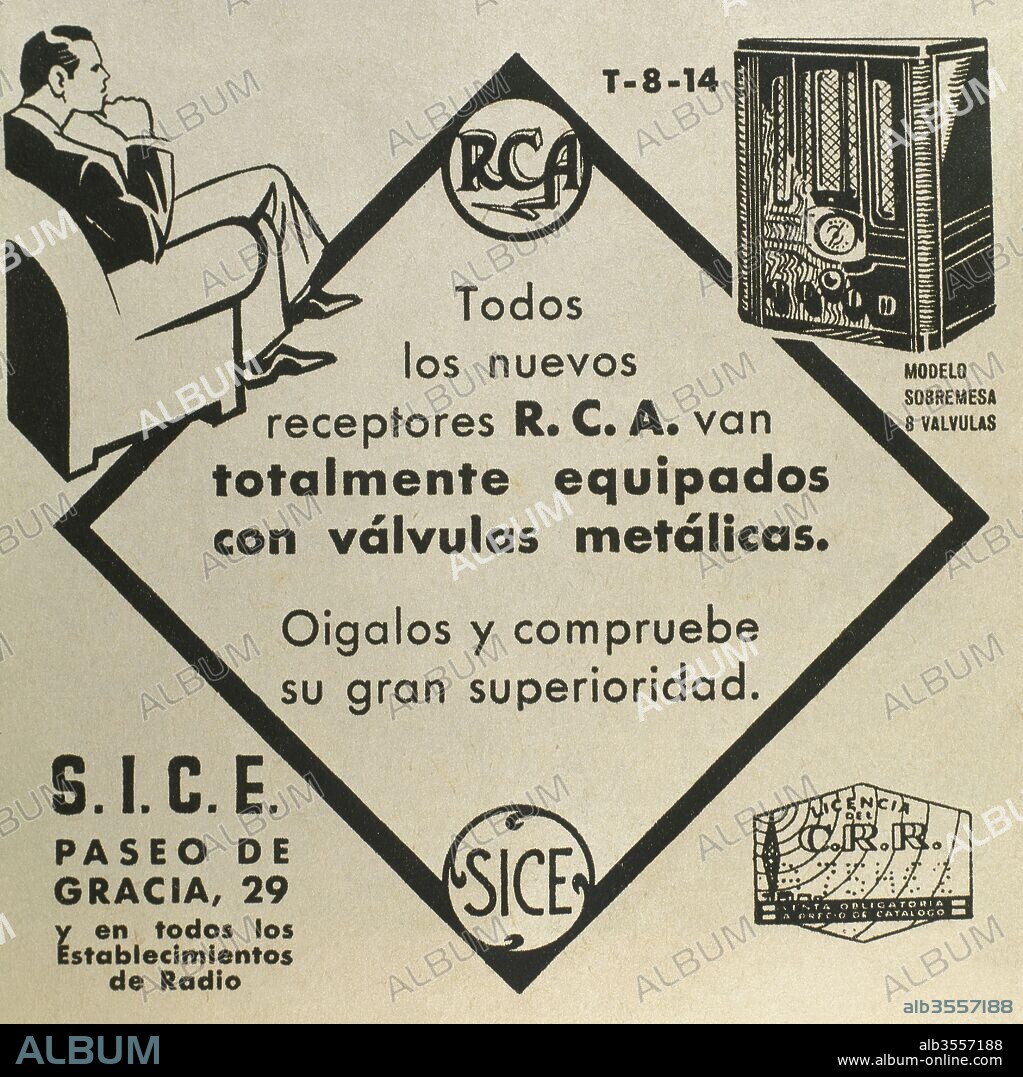 Anuncio de los receptores de radio RCA publicado en el periódico "La Vanguardia", 31 de marzo de 1936. Barcelona, Cataluña.