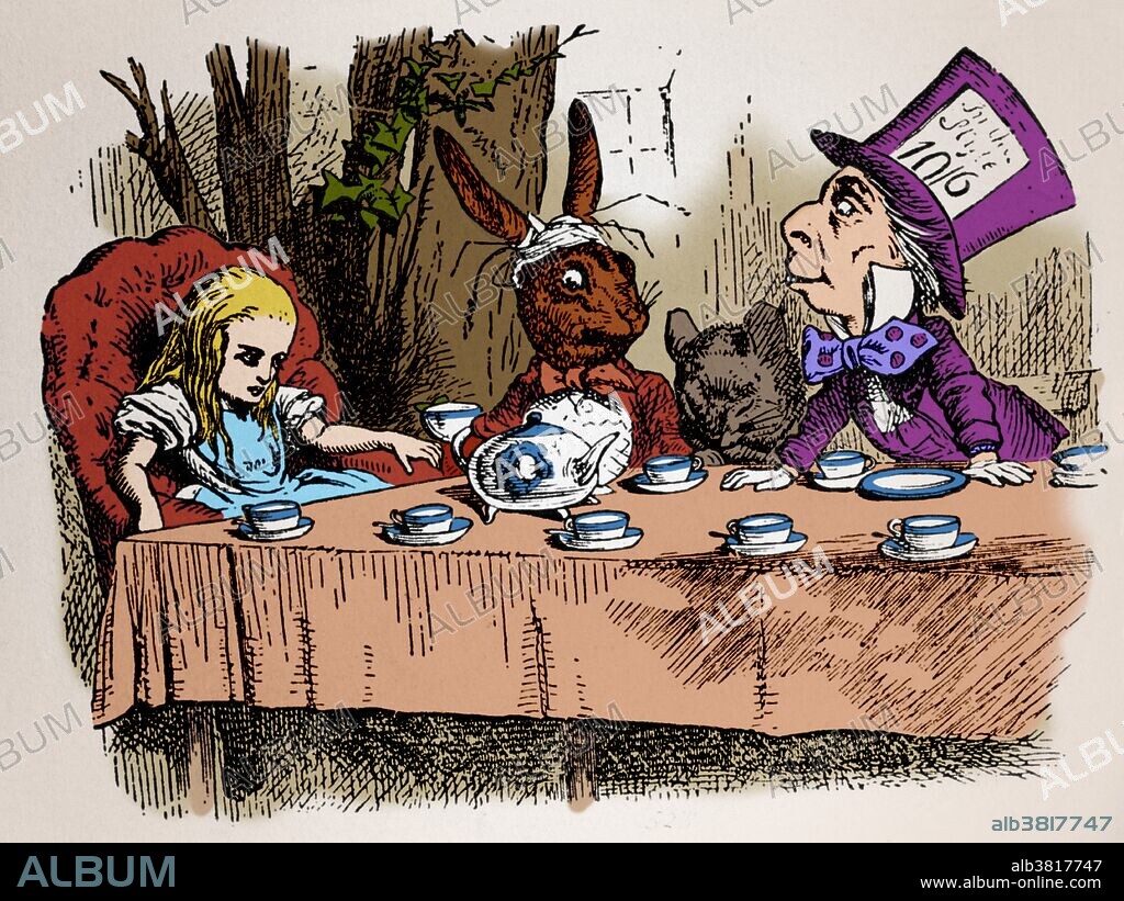 The Mad Hatter's Tea Party, a scene from Lewis Carroll's Alice in Wonderland,  illustrated by Sir John Tenniel. This image has been color enhanced. -  Album alb3817747