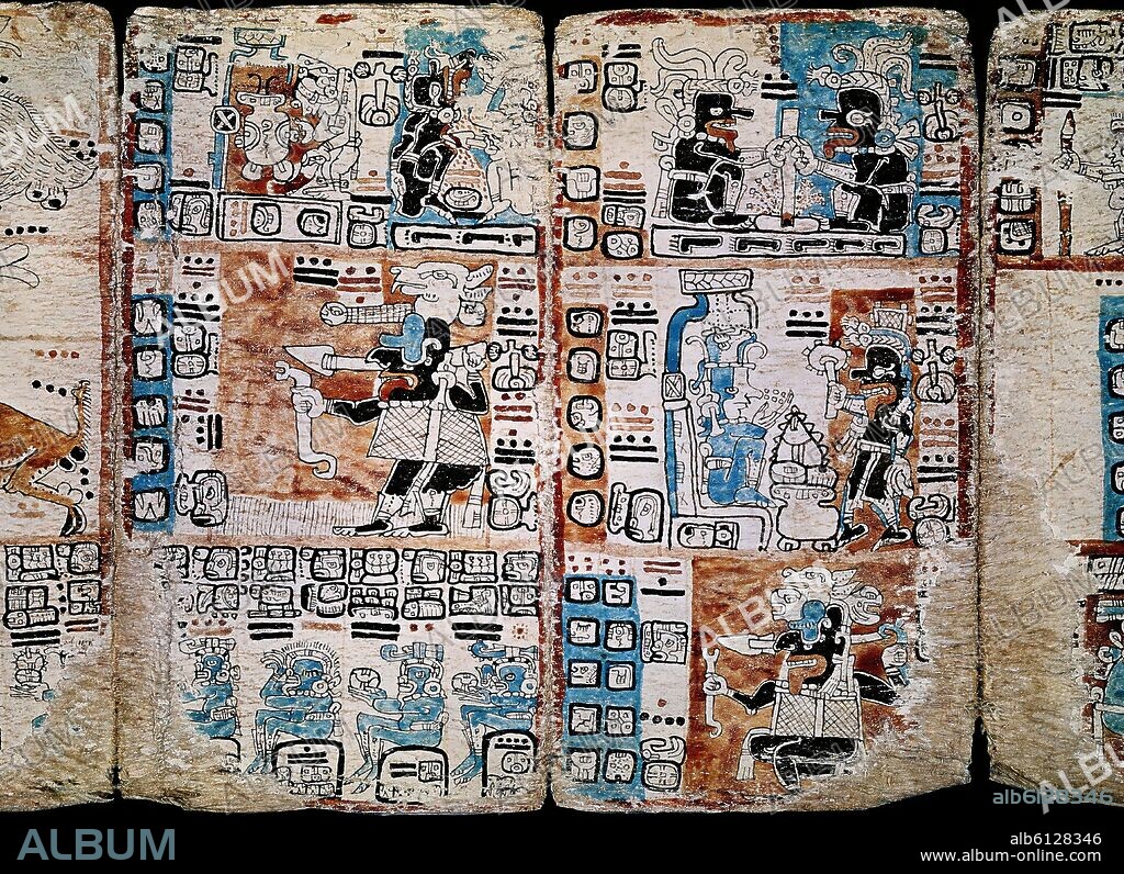 PAGINA DE CODICE TRO-CORTESIANO O DE MADRID - CODICE MAYA HECHO ENTRE EL SIGLO XIII Y XV - DIOSES Y HOMBRES.