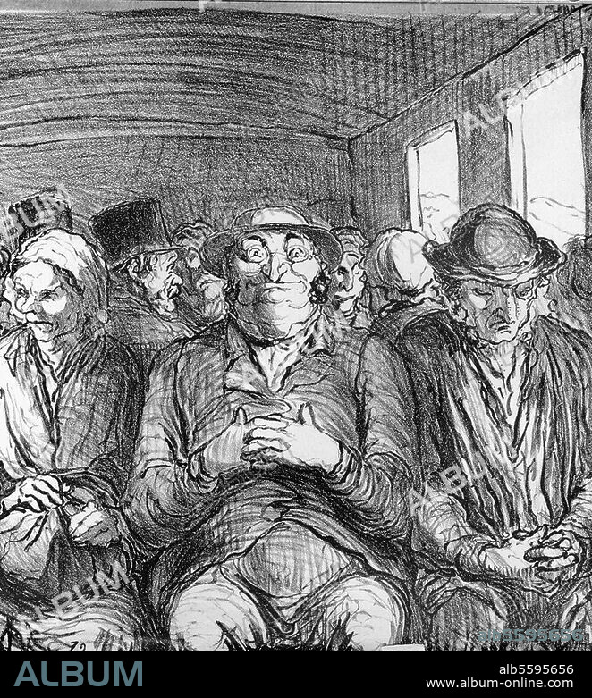 Transport / Chemin de fer :. "M.Prud'homme. Vive les wagons de troisième classe, on peut y être asphyxié mais jamais assassiné". Lithographie de Honoré Daumier (1808-1879). N°4 de la série "En chemin de fer". In : Le Charivari, 30 août 1864.